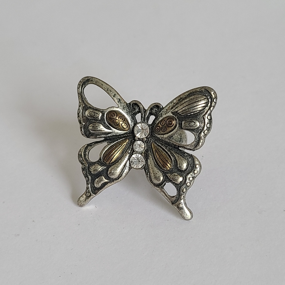 Vintage Dark Silver Tone Pewter Boho Chunky Openwork Rhinestone Butterfly Ring - Picture 9 of 15